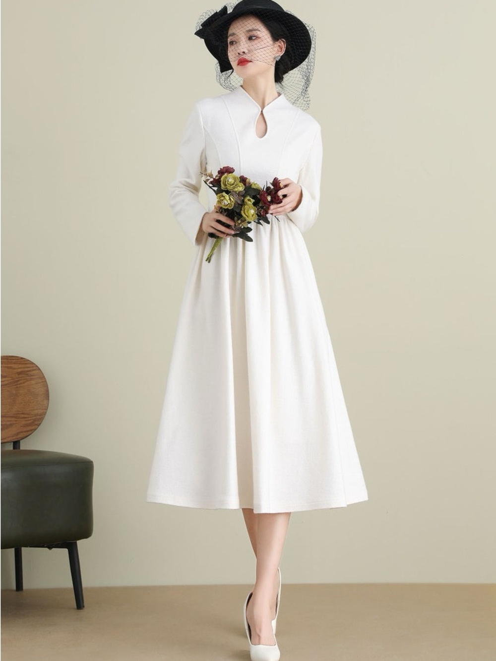 White Wool Midi A-Line Dress Mandarin Collar Handmade Xiaolizi Wedding Dress M